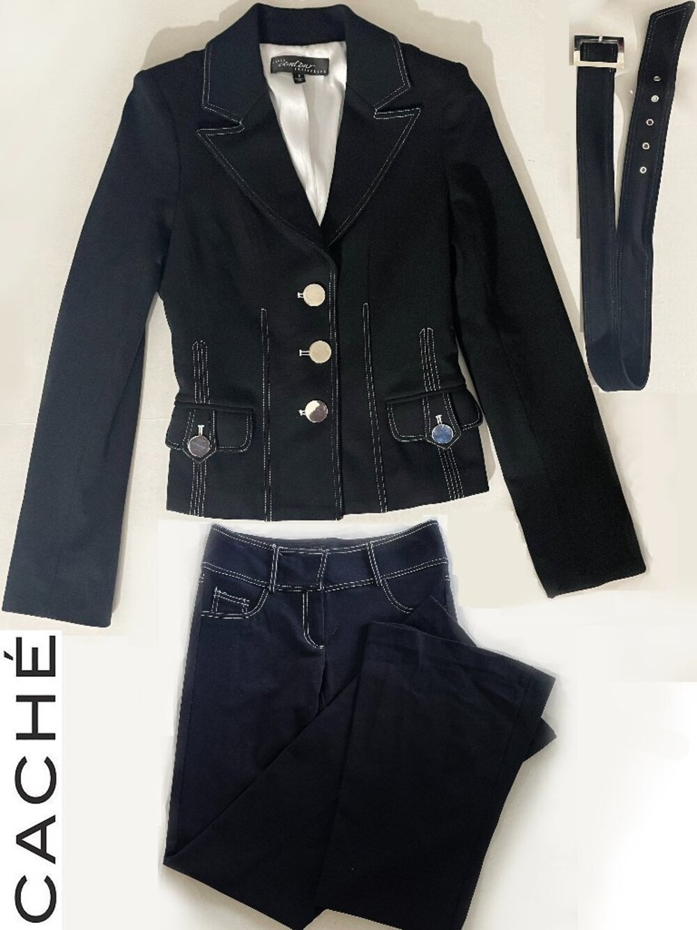 Caché Contour Collection Vintage 3pc Contrast Stitch Pantsuit Set Small / 0